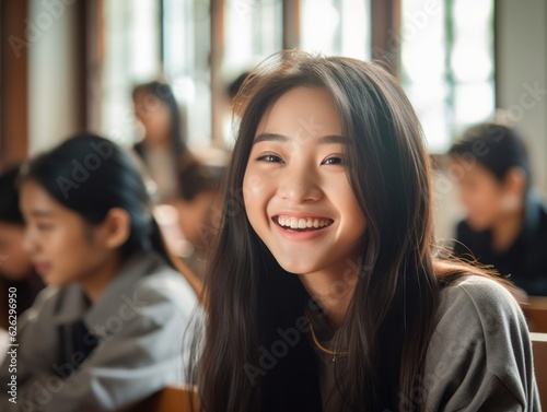 Asian Girls' Education. Happy beautiful Asian Girl is smilling. Generative AI