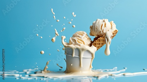 Melting ice cream isolated on soft blue background. Studio shoot closeup product photography design concept. Generative AI
