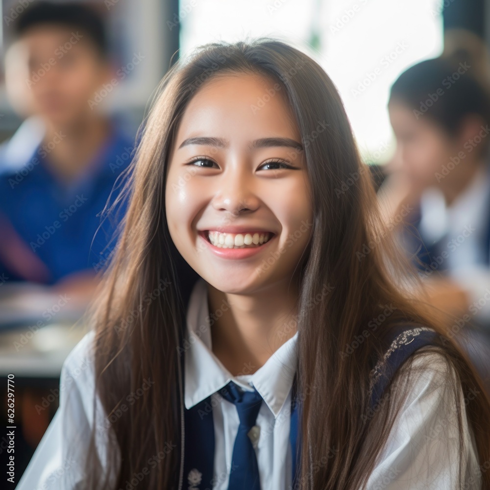 Fototapeta premium Asian Girls' Education. Happy beautiful Asian Girl is smilling. Generative AI