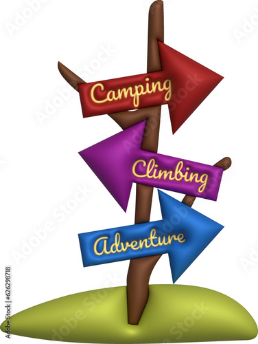 3D illustration camp wooden pointer for camping and outdoor travel expedition.