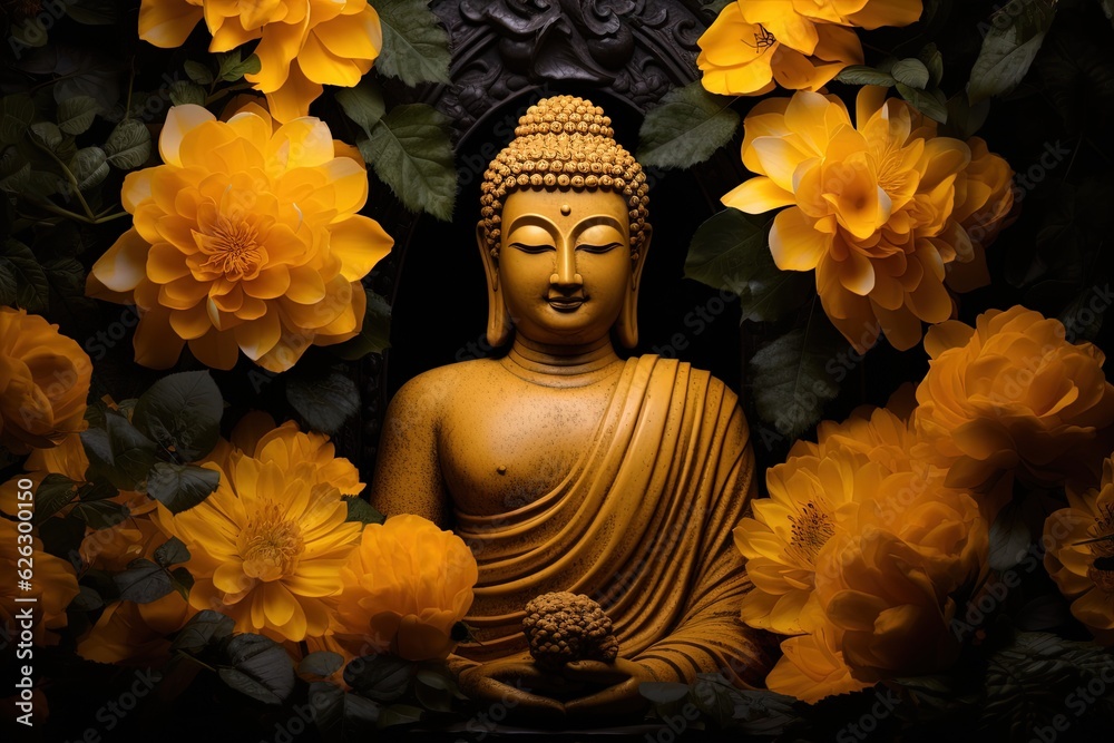 Buddha statue with yellow flowers on black background.Generative Ai
