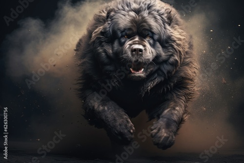 Black big dog running towards you through the darkness, photo on the move