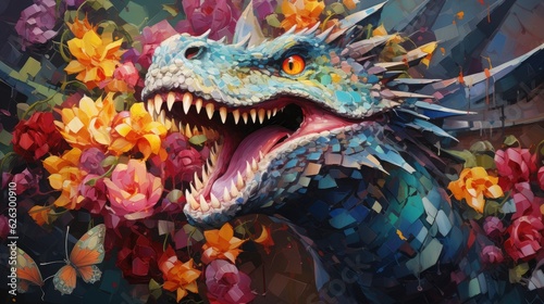 White and blue dragon with fantasy flowers and colorful butterflies background. Generative AI