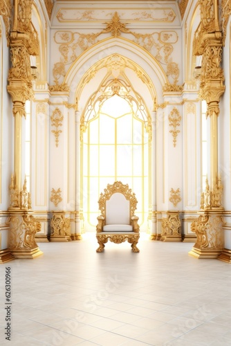 Luxurious chic interior of a great hall in an imperial, royal palace. throne in the center of the hall. very white, full of daylight. high ceiling and walls decorated with gold and moldings