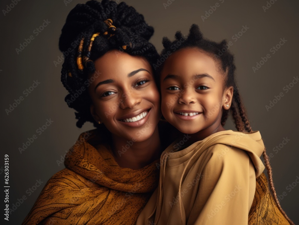African American mother and daughter smiling happily. Generative AI African American mother and daughter smiling happily. Generative AI