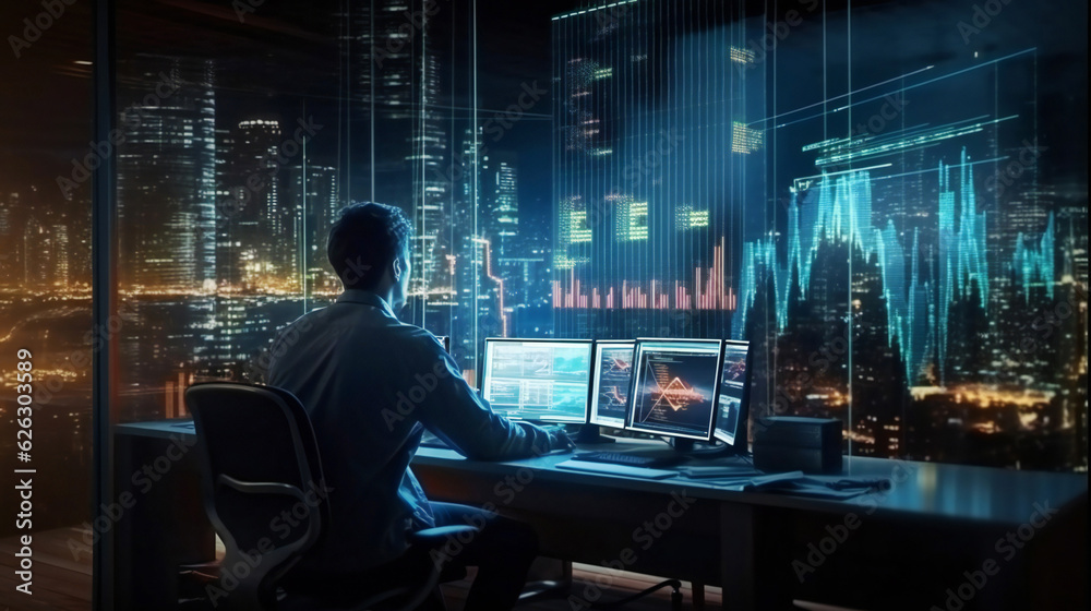 A solitary trader studies stock market graphs on expansive multi monitor workstations, employing mobile app analytics for cryptocurrency and investment growth chart analysis. AI Generative. A solitary trader studies stock market graphs on expansive multi monitor workstations, employing mobile app analytics for cryptocurrency and investment growth chart analysis. AI Generative.