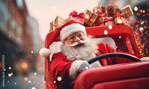 Speed driving santa claus going to deliver christmas present in rush photo