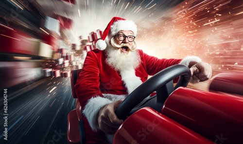 Speed driving santa claus going to deliver christmas present in rush photo