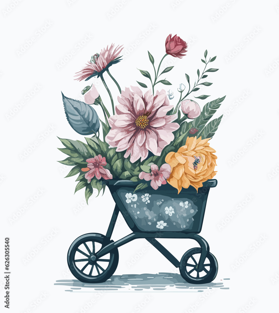Watercolor blooming metal rustic wheelbarrow with peony flowers and bud, eucalyptus leaves. Spring decor composition for Mother day arrangement card, Farmhouse rustic garden illustration