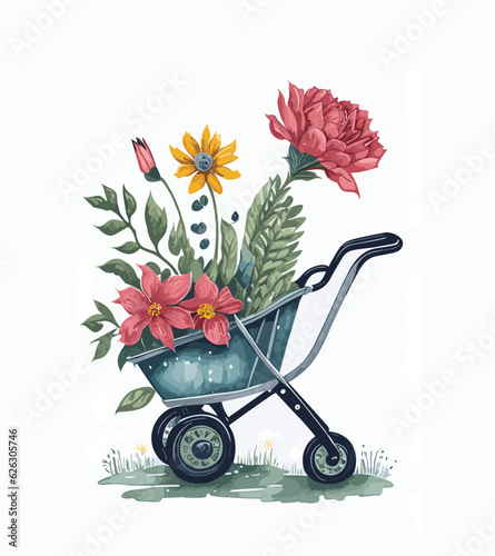 Watercolor blooming metal rustic wheelbarrow with peony flowers and bud, eucalyptus leaves. Spring decor composition for Mother day arrangement card, Farmhouse rustic garden illustration