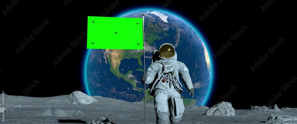 Lunar astronaut walks on the moon with green screen flag, placing a flag pole on the Moon surface, and salutes. You can track and add your flag with your logo.