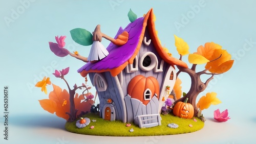 fairy house with vibrant colors Halloween decoration background, colorful look for Halloween and other spooky occasions. Generative Ai