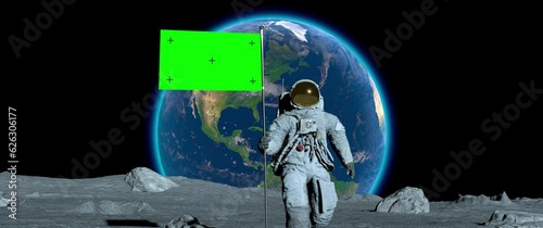 Lunar astronaut walks on the moon with green screen flag, placing a flag pole on the Moon surface, and salutes. You can track and add your flag with your logo.