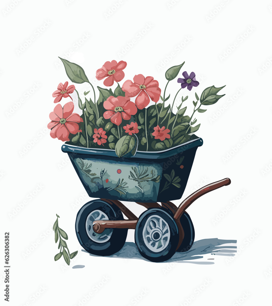 Watercolor blooming metal rustic wheelbarrow with peony flowers and bud, eucalyptus leaves. Spring decor composition for Mother day arrangement card, Farmhouse rustic garden illustration