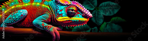 Banner with rainbow chameleon on natural background. Copy space. Generative AI © Odin