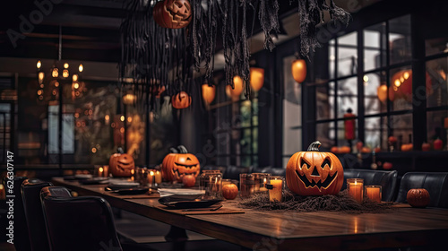 Halloween cafe interior design with pumpkin. Generative AI