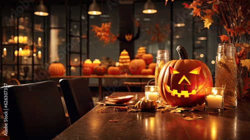 Halloween cafe interior design with pumpkin. Generative AI