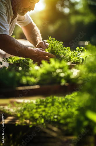 mature man gardener working in garden planting herbs basil, Generative AI