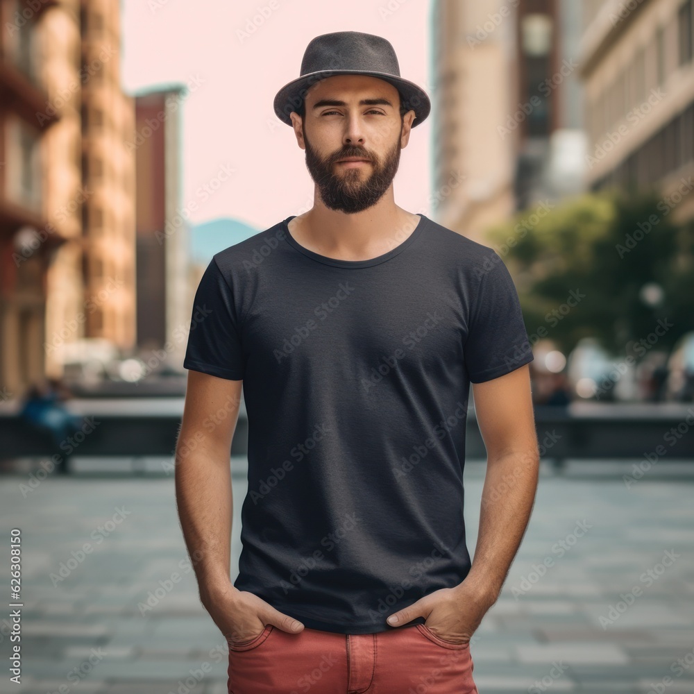 Realistic t - shirt mockup featuring a model wearing it, showcasing how the design looks when worn. Generative AI Realistic t - shirt mockup featuring a model wearing it, showcasing how the design looks when worn. Generative AI