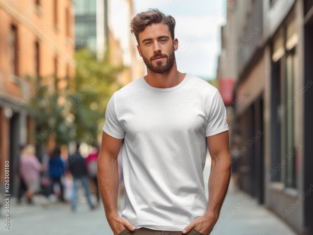 Realistic t - shirt mockup featuring a model wearing it, showcasing how the design looks when worn. Generative AI Realistic t - shirt mockup featuring a model wearing it, showcasing how the design looks when worn. Generative AI