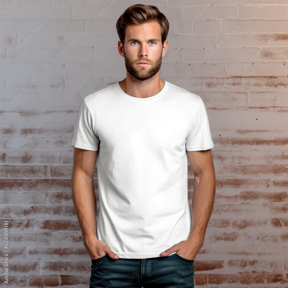 Realistic t - shirt mockup featuring a model wearing it, showcasing how the design looks when worn. Generative AI Realistic t - shirt mockup featuring a model wearing it, showcasing how the design looks when worn. Generative AI