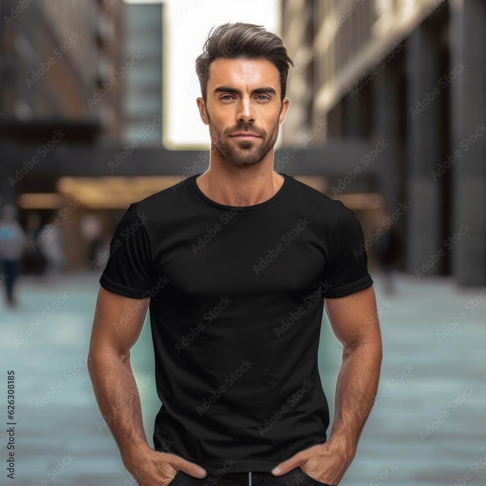 Fototapeta premium Realistic t - shirt mockup featuring a model wearing it, showcasing how the design looks when worn. Generative AI