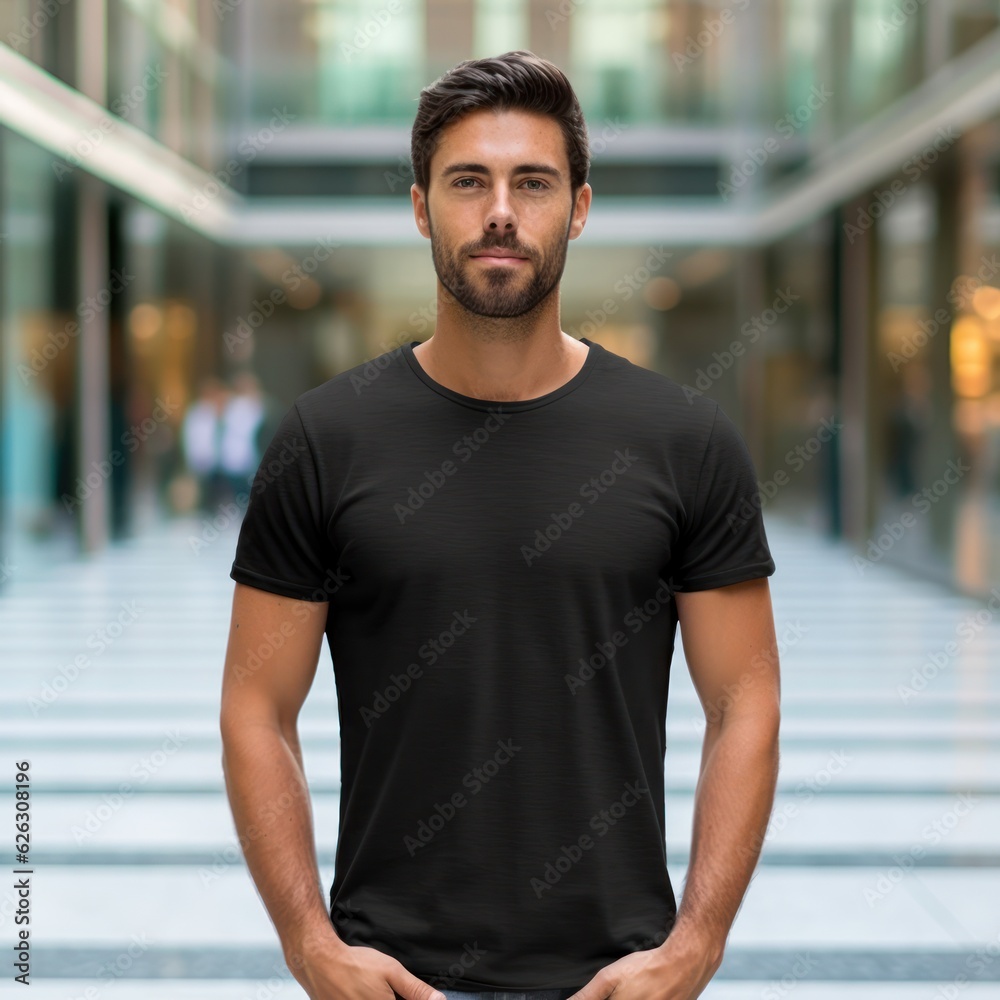 Realistic t - shirt mockup featuring a model wearing it, showcasing how the design looks when worn. Generative AI Realistic t - shirt mockup featuring a model wearing it, showcasing how the design looks when worn. Generative AI