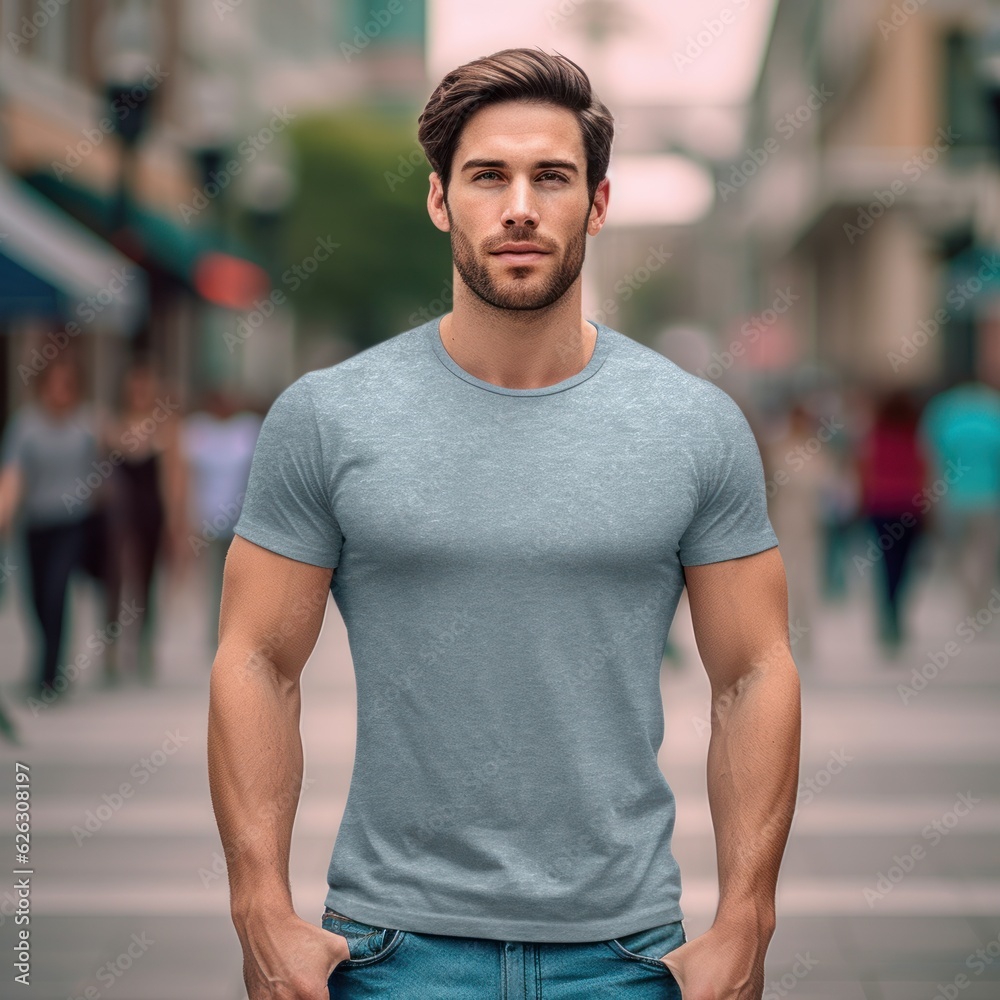 Realistic t - shirt mockup featuring a model wearing it, showcasing how the design looks when worn. Generative AI Realistic t - shirt mockup featuring a model wearing it, showcasing how the design looks when worn. Generative AI
