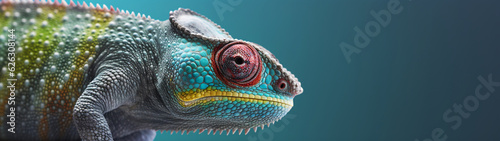 Banner with colorful chameleon on natural blue background. Green and purple. Copy space. Generative AI