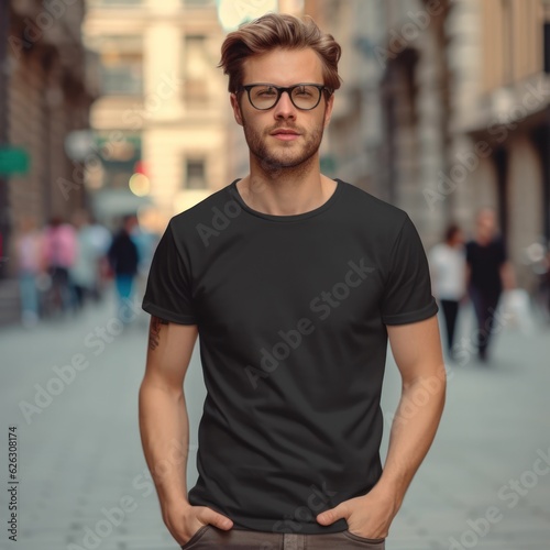 Realistic t - shirt mockup featuring a model wearing it, showcasing how the design looks when worn. Generative AI