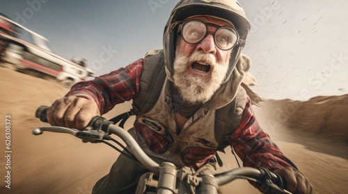 old man ride motocross racer accelerating in a dust track. motocross bike in a race representing the concept of speed and power in extreme man sport. Generative Ai.