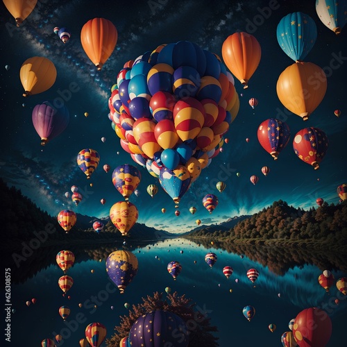 Many balloons of different colors and sizes are descending from the sky on the sea at night