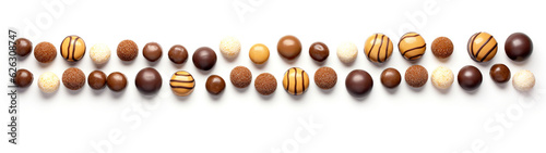 Banner with set of chocolate candies on isolated white background. Generative AI