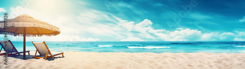 Banner with beach background and blue ocean. Vacation concept. Generative AI