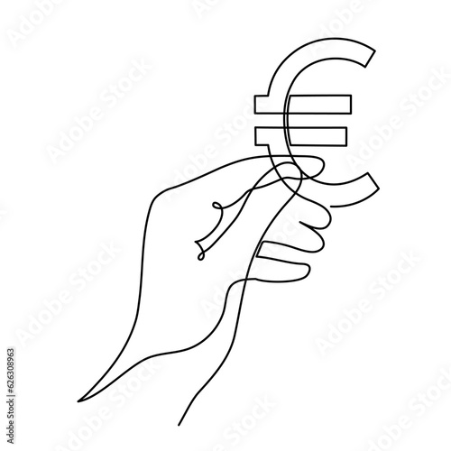 Hand holds euro sign,one line art,continuous contour drawing, hand-drawn line icon for business,minimalist design.Financial valuta sign,currency trendy template.Editable stroke.Isolated.Vector