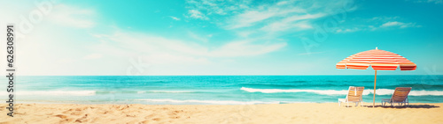 Banner with beach background and blue ocean. Vacation concept. Generative AI