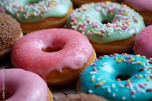 Illustration of a colourful assortment of iced and sprinkled doughnuts up close created with Generative AI technology