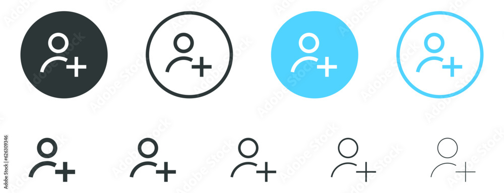 add user icon. new user icon with plus symbol - create new account icon button - Person user profile avatar icon - invite or add friends icon. vector web app ui icons set