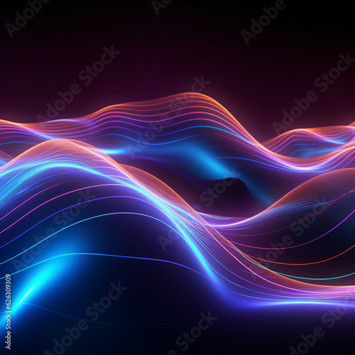 Dark abstract background with a neon glowing abstract waves, abstract background for wallpaper created with AI 