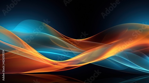 Colorful wave with neon light on dark background, light azure and fiery orange transparent liquid swirl 3d illustration for presentation brochure, booklet, poster design Generative AI