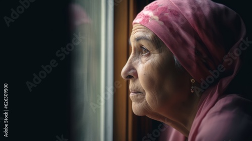 Woman with Headscarf. Cancer Patient, looking out of Window. Made with AI Generative technology