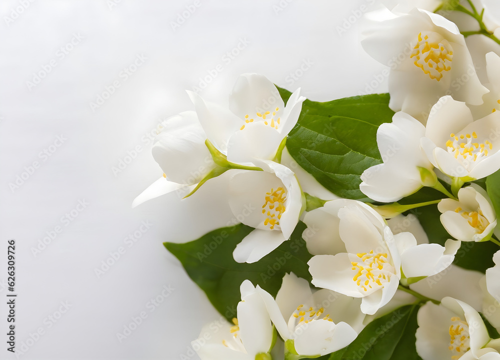 panoramic shot of jasmine flowers on white surface- ai generative panoramic shot of jasmine flowers on white surface- ai generative