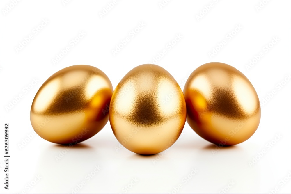 Abundance and Brilliance: Three Beautiful Golden Eggs Isolated on White Background: Generative AI Abundance and Brilliance: Three Beautiful Golden Eggs Isolated on White Background: Generative AI