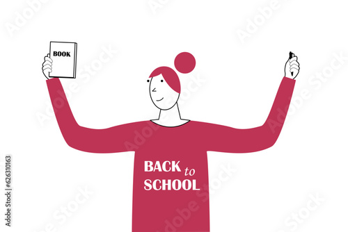 Back to school. Concept of a happy schoolgirl holding a book and a pen