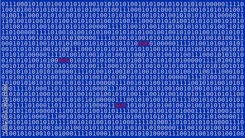 Finding errors in binary data. The word BUG is written among zeros and ones.