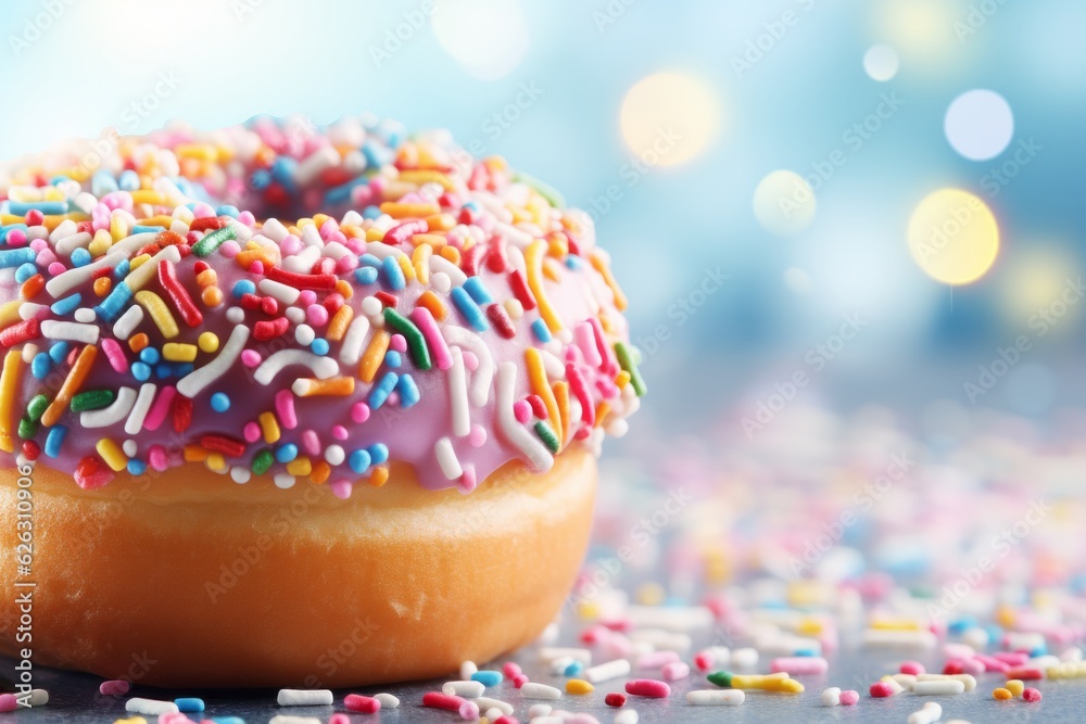 Illustration of a colourful donut with sprinkles on a table created with Generative AI technology Illustration of a colourful donut with sprinkles on a table created with Generative AI technology