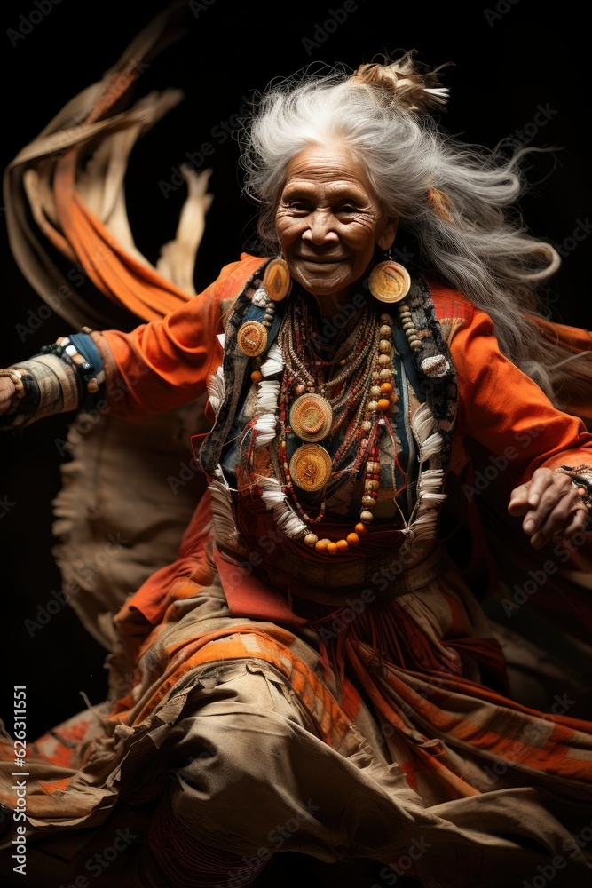 Dancing shaman woman in dynamic pose. Generative AI