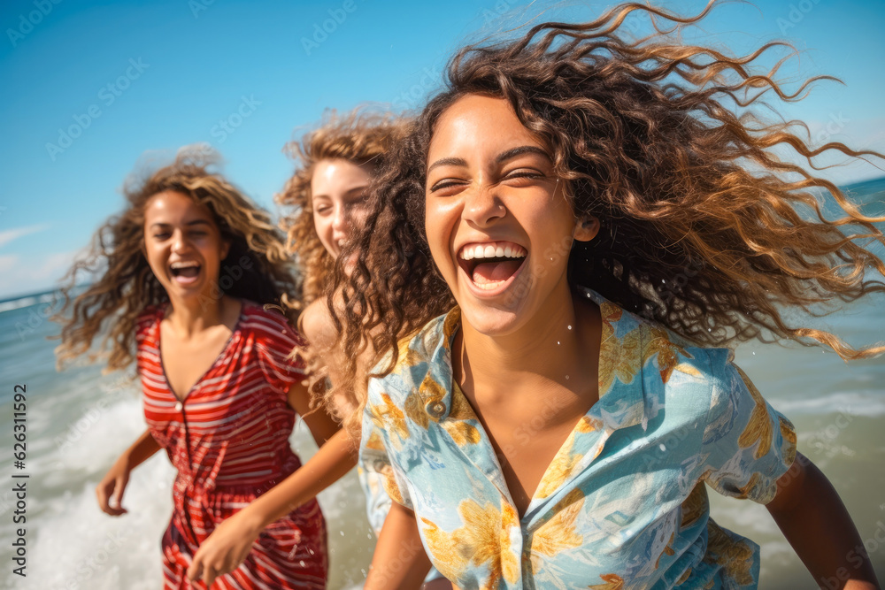 Group of young girls in their twenties running along the beach, splashing in the waves, and sharing laughter and fun on a summer day Group of young girls in their twenties running along the beach, splashing in the waves, and sharing laughter and fun on a summer day