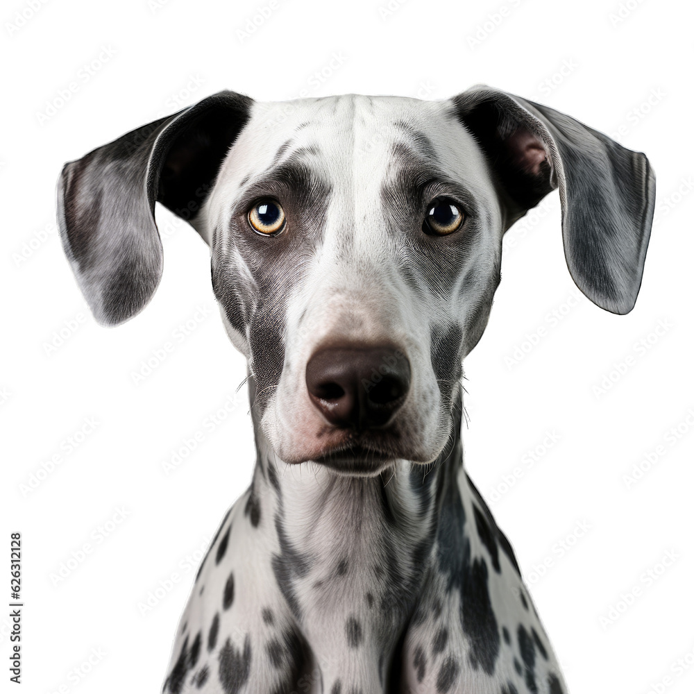 A black and white dalmatian dog making eye contact with the camera