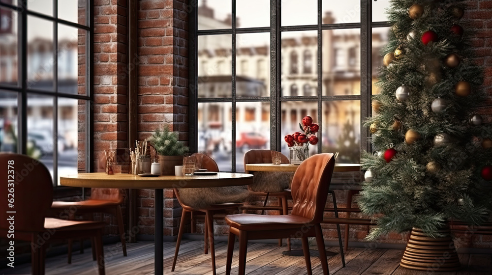 Christmas cafe interior with tree. Generative AI